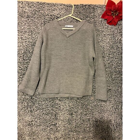 Zara Women's Gray V-Neck Pullover Sweater Size M Long Sleeve Casual - Picture 9 of 9